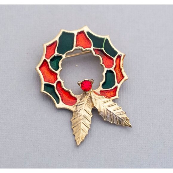 Vintage Artistic Wreath Christmas Wreath Christmas Holiday Ring Brooch - C1 - Picture 1 of 2